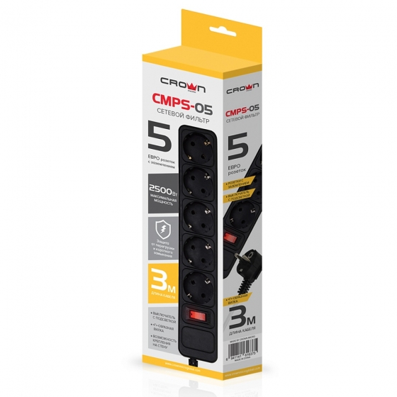 Ցանցային զտիչ CrownMicro CMPS-05 (5 Euro Sockets, 3.0m, Black, 2500W)