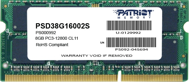 Հիշողություն SODIMM 8GB DDR3 PATRIOT PSD38G16002S (PC12800, 1600MHz)
