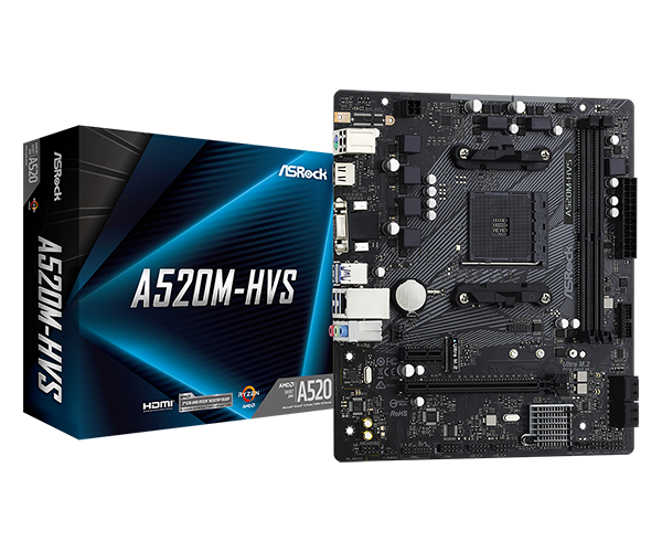 MB Asrock A520M-HVS (S-AM4, A520, VGA, DVI, HDMI, 2xPCI-E, 2DDR4, M.2, SATAIII RAID, PCI, SATA3, GbLAN)