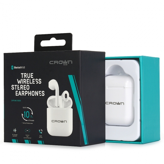 Наушники с микрофоном беспроводные CrownMicro CMTWS-5005 (Bluetooth 5.0, White)