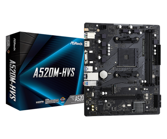 Մայրական սալիկ Asrock A520M-HVS (S-AM4, A520, VGA, DVI, HDMI, 2xPCI-E, 2DDR4, M.2, SATAIII RAID, PCI, SATA3, GbLAN)