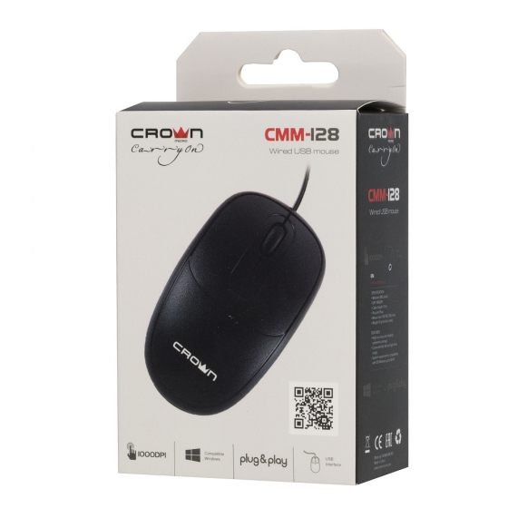 Մկնիկ CrownMicro CMM-128 (3button, 1000dpi, 1.8m, Black, USB)