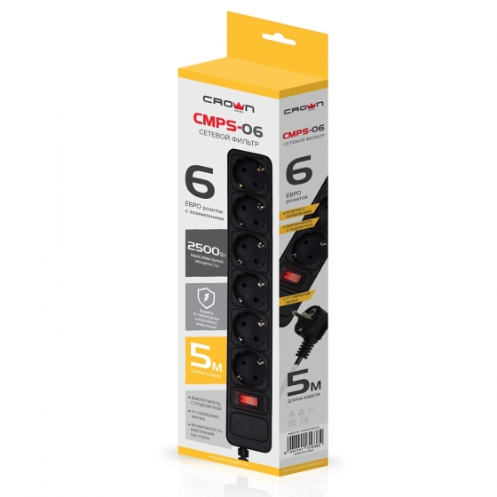 Сетевой фильтр CrownMicro CMPS-06 (6 Euro Sockets, 5.0m, Black, 2500W)