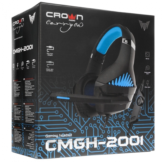 Ականջակալ խոսափողով  CrownMicro CMGH-2001 (Black/Blue, 1x3.5mm + adapter 2x3.5mm)
