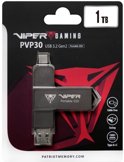 SSD внешний 1TB Patriot Duo Compact PVP30 PVP301TB28UDG (1000Mbps, USB-A/USB-C, Black)