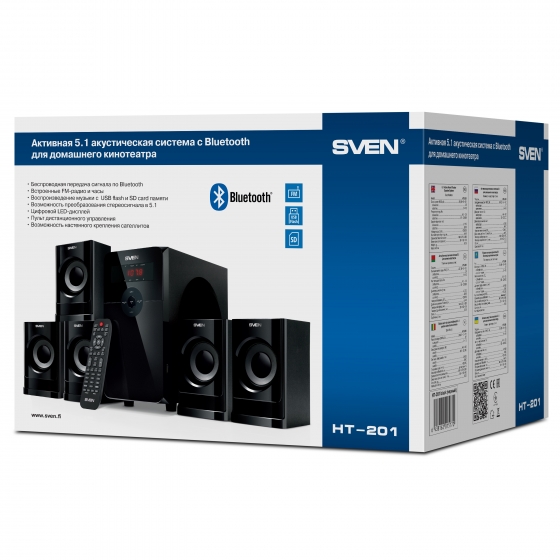 Колонки SVEN HT-201 (5.1, 20W + 5x12W, Bluetooth, FM, USB/SD, Display, R/C, Black)