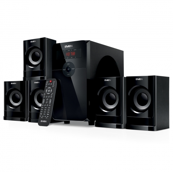 Колонки SVEN HT-201 (5.1, 20W + 5x12W, Bluetooth, FM, USB/SD, Display, R/C, Black)