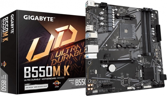 Мат. плата Gigabyte B550M-K (S-AM4, B550, HDMI/DP, 2xPCI-E, 4xDDR4, 2xM.2, SATAIII RAID, SATA3, GbLAN)