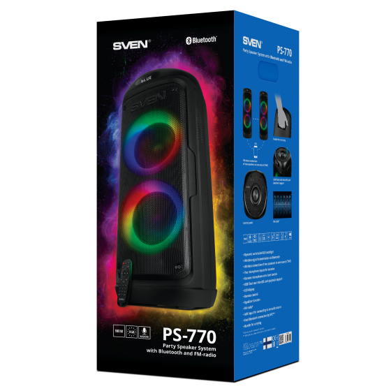 Колонка SVEN PS-770 (100W, TWS, Bluetooth, FM, USB, microSD, LED, 4400mAh)