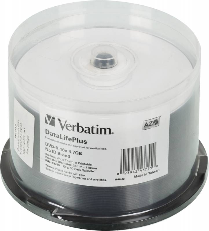 Диск DVD-R Verbatim 4.7Gb 16x Cake Box Printable| 43755